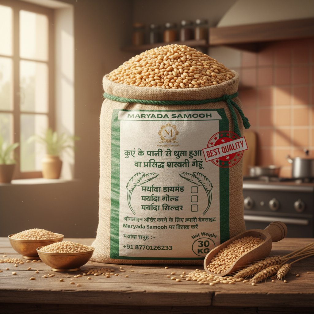 Maryada gold wheat package in kitchen setting